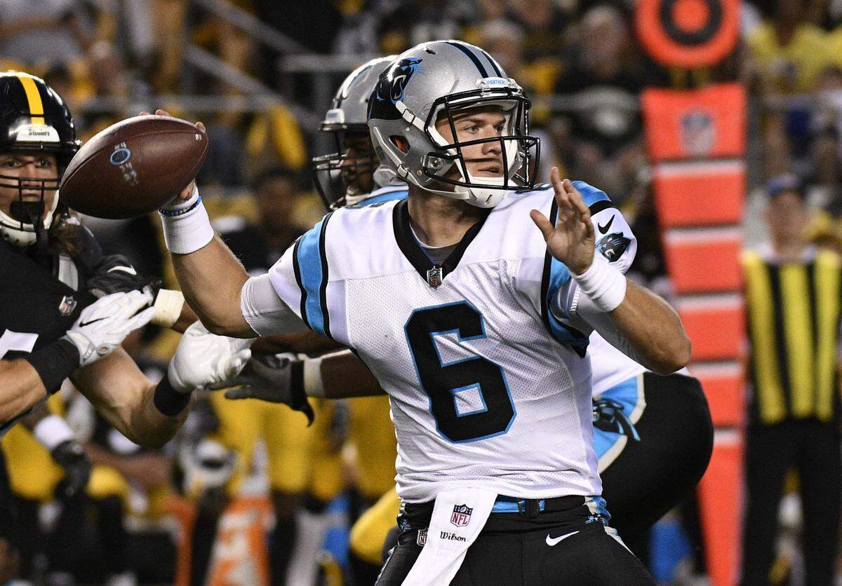 FILE - In this Aug. 30, 2018, file photo, Carolina Panthers quarterback Taylor Heinicke (6) throws a pass during the first half of a preseason NFL football game against the Pittsburgh Steelers in Pittsburgh. Heinicke will be making his first career start against the Falcons with Cam Newton out with a shoulder injury. (AP Photo/Don Wright, File)