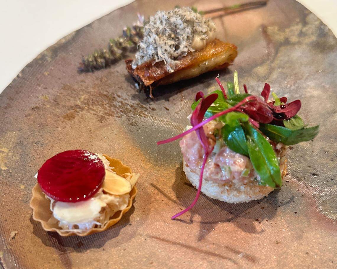 A high-angle close-up shows three artfully plated appetizers on a rustic, mottled brown ceramic plate. In the foreground to the left, a small, fluted pastry cup holds a dollop of white cream topped with slivered almonds and a vibrant red, thin disc, possibly a beet chip or fruit slice. In the center-right, a round piece of bread serves as a base for a mound of light pink tartare or chopped seafood, garnished with fresh green and purple microgreens. Towards the back, a rectangular, crispy fried item is topped with a generous pile of finely shredded, light-colored ingredient, possibly fried onions or finely grated cheese. A sprig of lavender also rests on the plate behind this item.