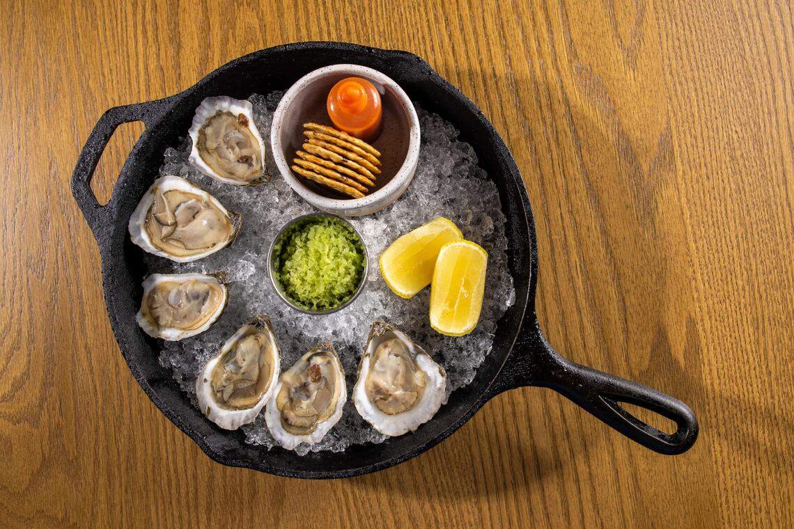 The raw bar offerings at Restaurant Constance include oysters.