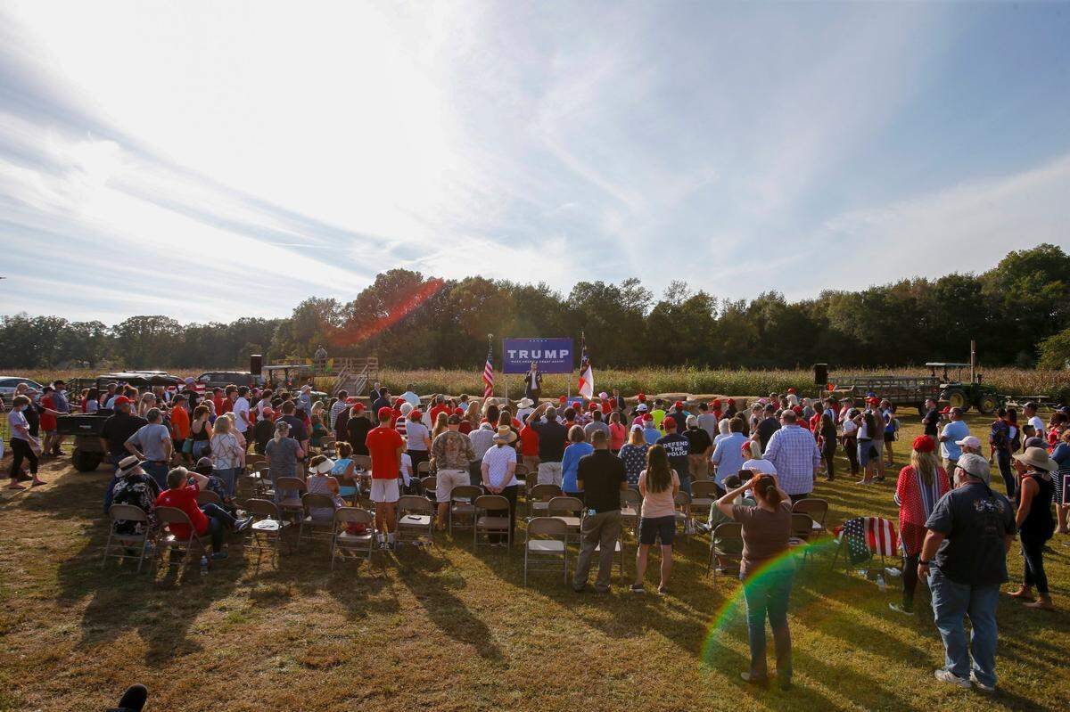 Eric Trump, the son of President Donald Trump, speaks at a campaign rally for his father at the Aw Shucks farm in Monroe, N.C., Thursday, Oct. 8, 2020.