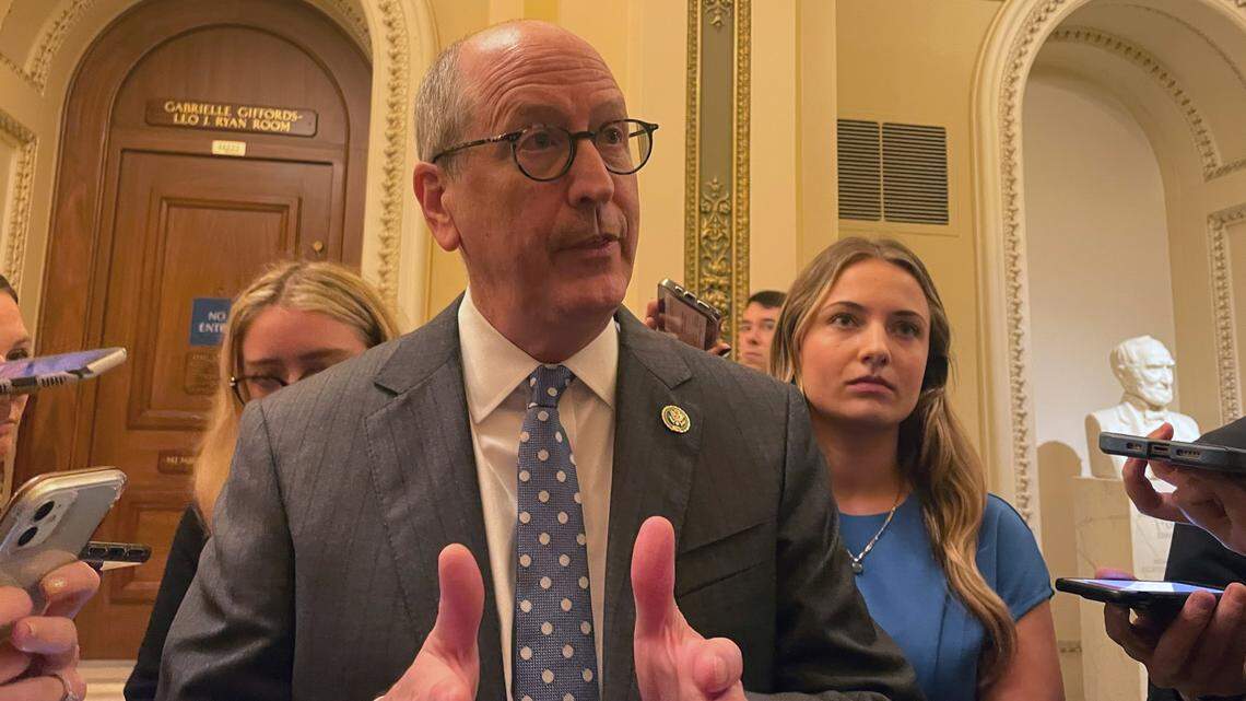 Rep. Dan Bishop speaks to reporters outside the House chamber in Washington, D.C. on Wednesday, Jan. 4, 2023.