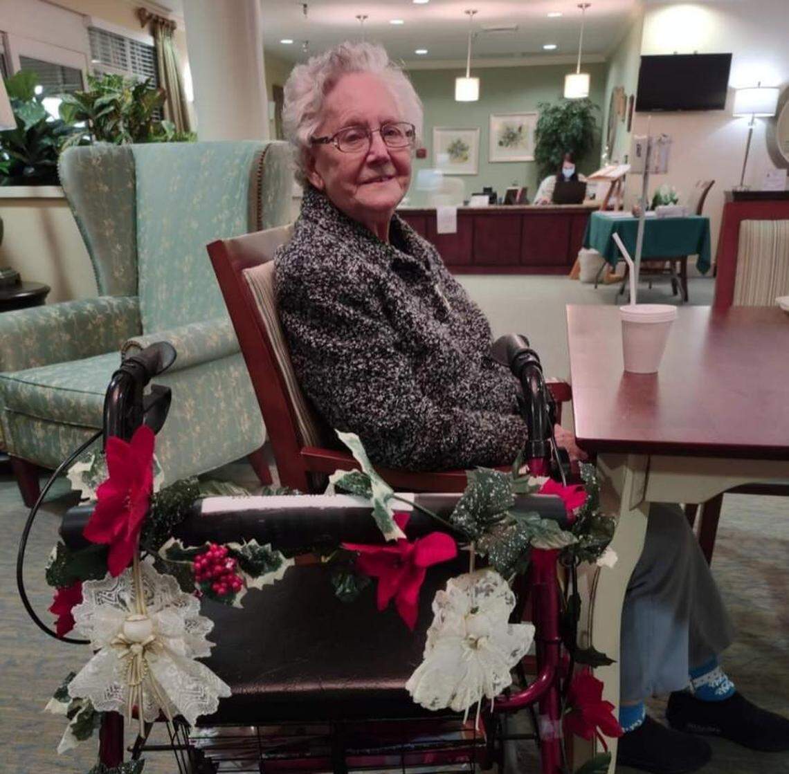 Peggy Wall died about two months after this photograph was taken at her nursing home in December 2020. Her son, Tim, says staff shortages have made it difficult for nursing home workers to provide compassionate care “and keep the focus that this is a person. A real live person.”