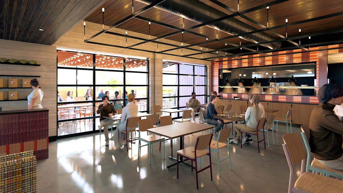 This is a digital rendering of the interior of a modern restaurant with tables and chairs. Large windows look out onto an outdoor patio, and a counter with an open kitchen is visible in the background.