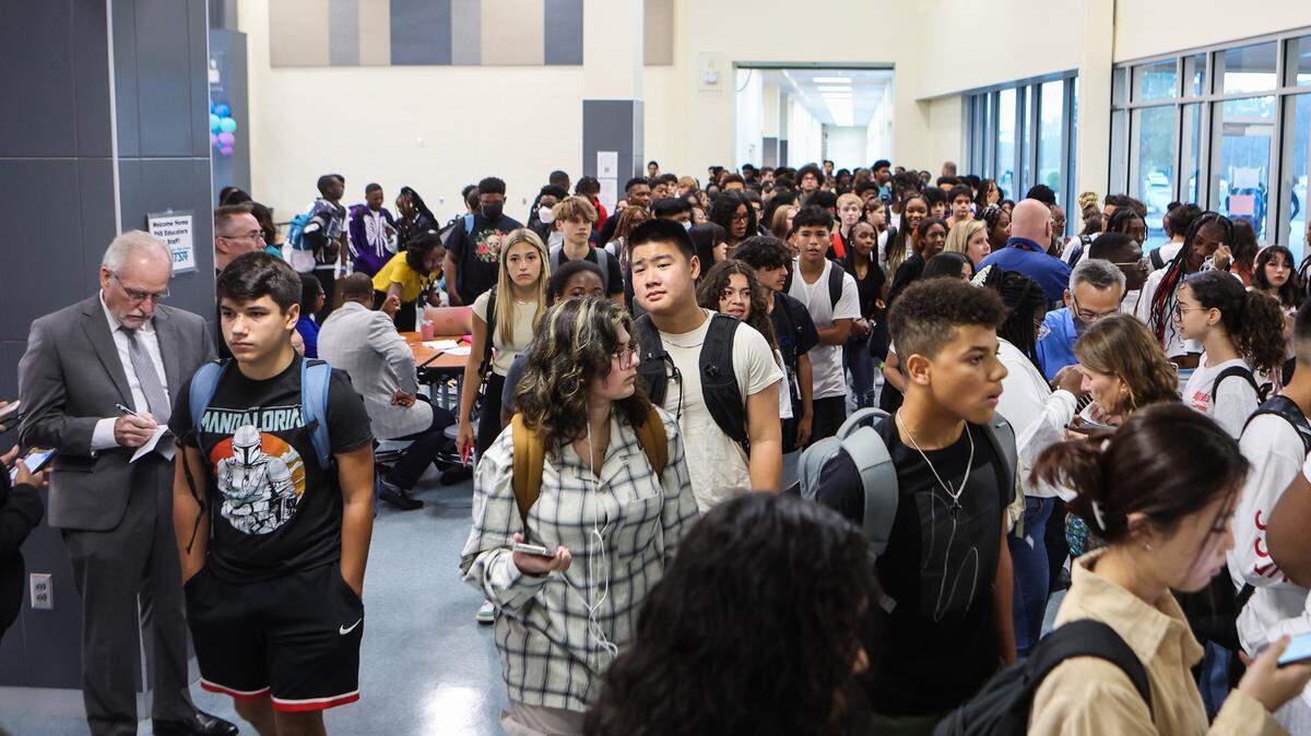 Students walk to their classrooms during the first day of school at Palisades High School, a brand new CMS campus, on Monday, August 29, 2022 in Charlotte, NC.