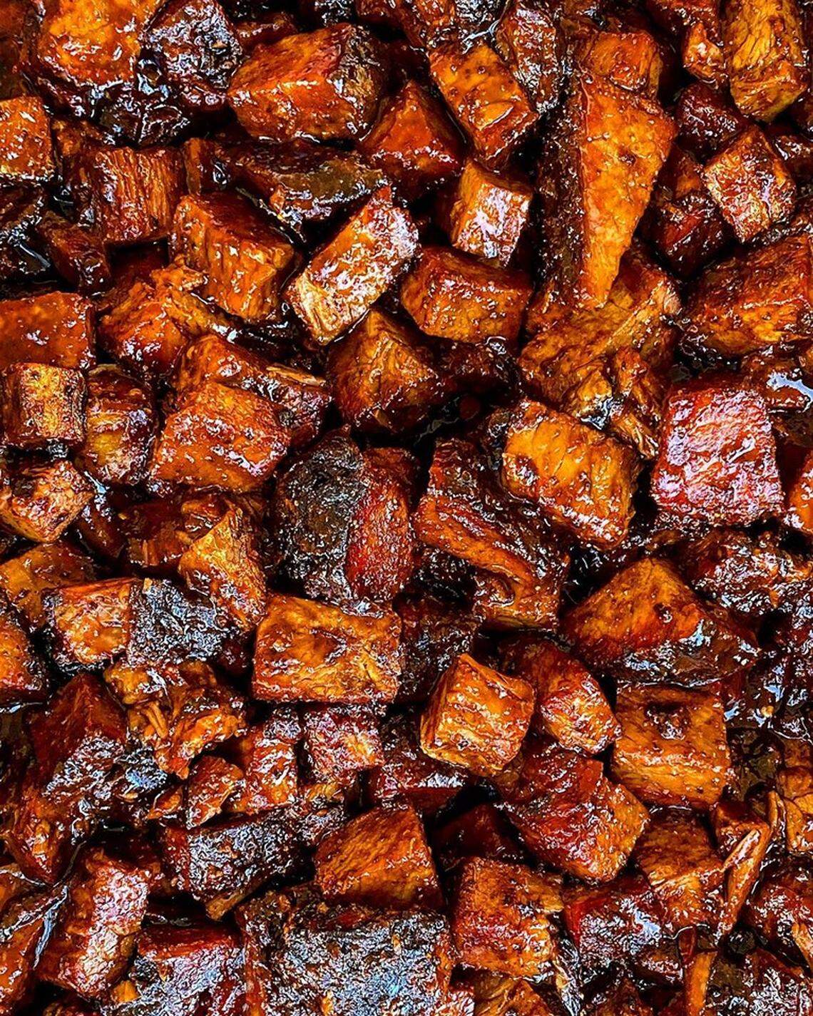The Burnt Ends are cubes of brisket tossed in a cola BBQ sauce
