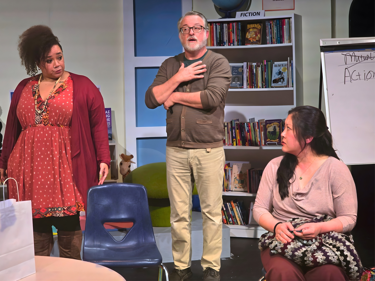 From left: Carina (Vanessa Robinson), Don (Rob Addison) and Meiko (Amy Wada) in ‘Eureka Day’ from Three Bone Theatre.