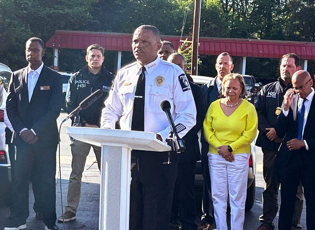 Police Chief Johnny Jennings speaks to the press in April 2024 after law enforcement officers were shot when federal marshals and local officers showed up at a couple’s house.