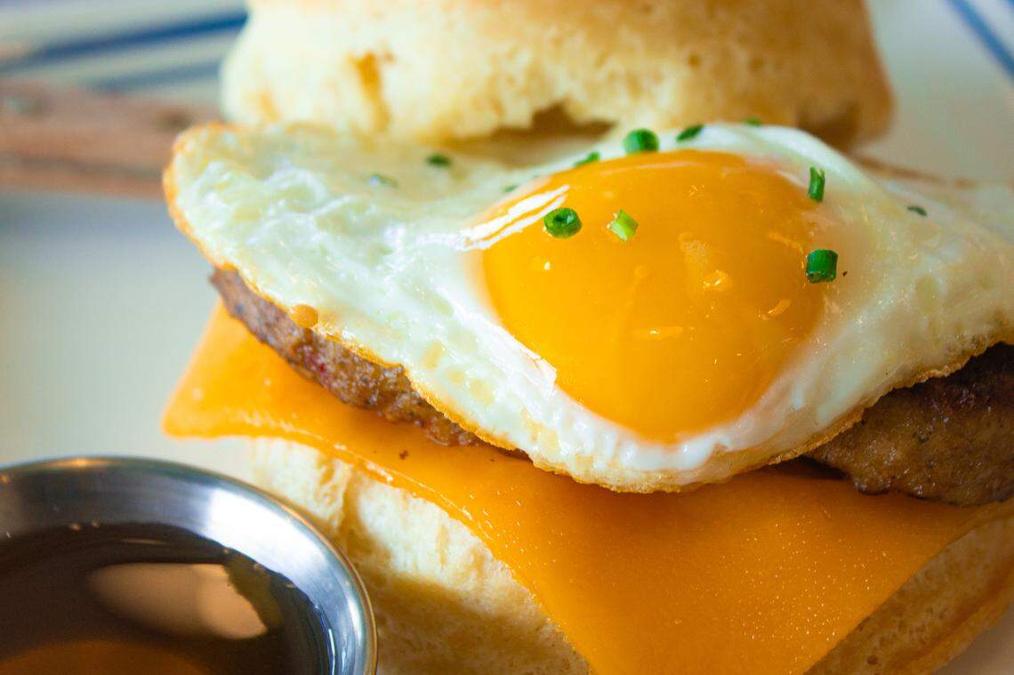 A Biscuit Belly biscuit, topped with sausage, egg and cheese.