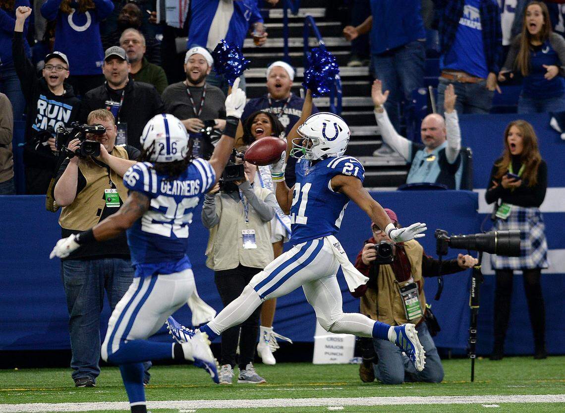Indianapolis Colts running back Nyheim Hines high steps it into the end zone for his second touchdown of the day against the Carolina Panthers during fourth quarter action at Lucas Oil Stadium in Indianapolis, Indiana on Sunday, December 22, 2019. The Colts defeated the Panthers 38-6.