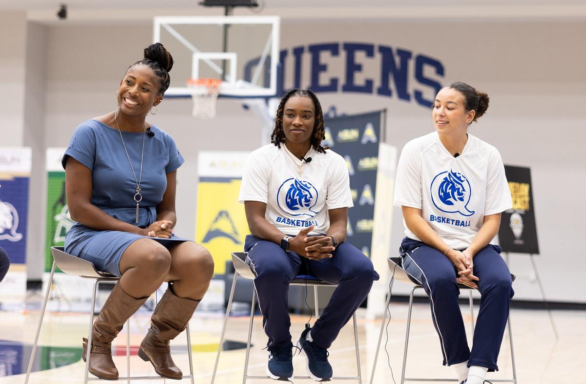 Queens basketball coach Jen Brown and players Jordyn Weaver and Aylesha Wade speak during the Atlantic Sun Basketball Media Day at Queens University in Charlotte, N.C. on Monday, October 14, 2024.