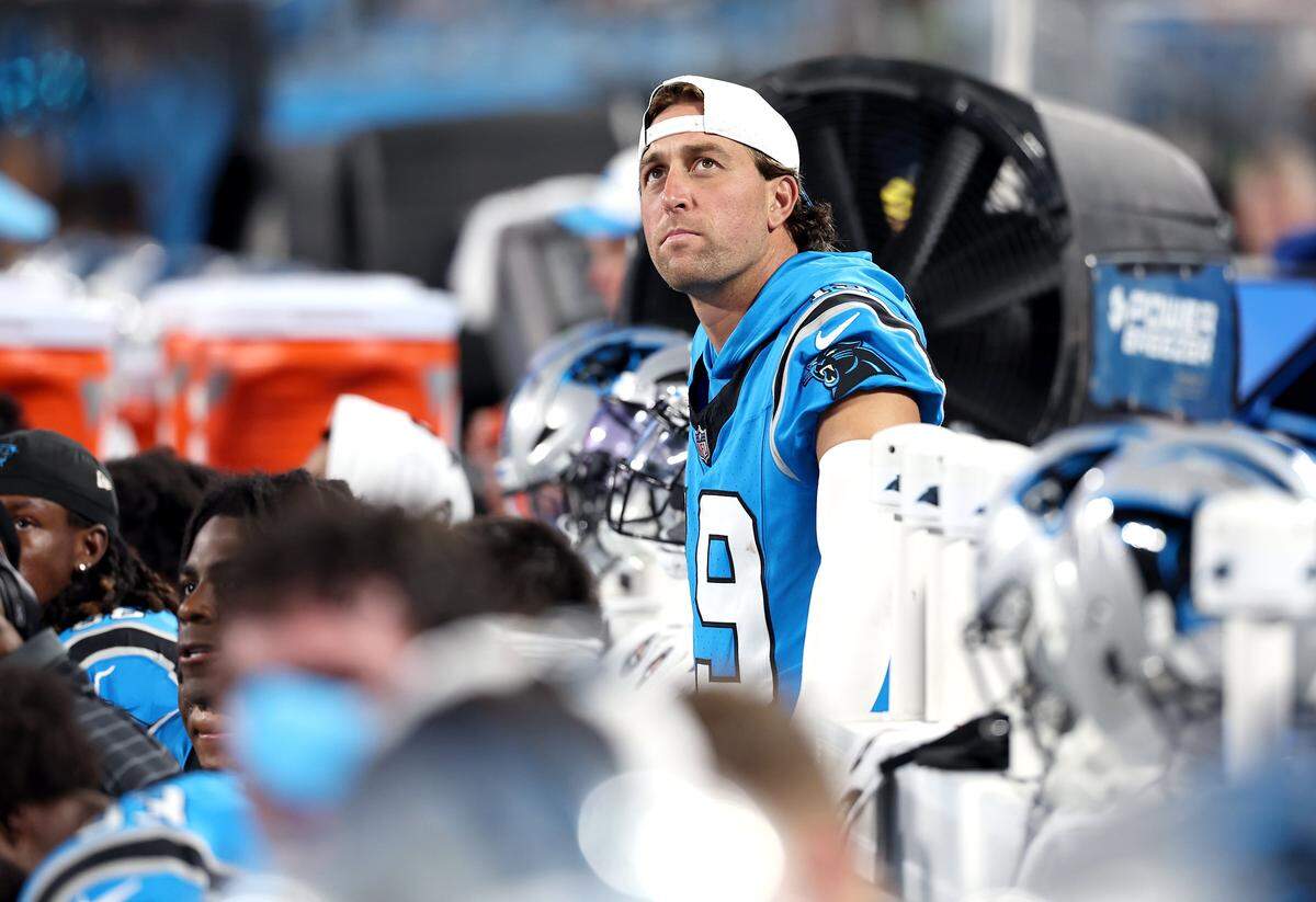 Carolina Panthers wide receiver Adam Thielen sits on the team bench during action against the Cleveland Browns on Friday, August 8, 2025 at Bank of America Stadium.