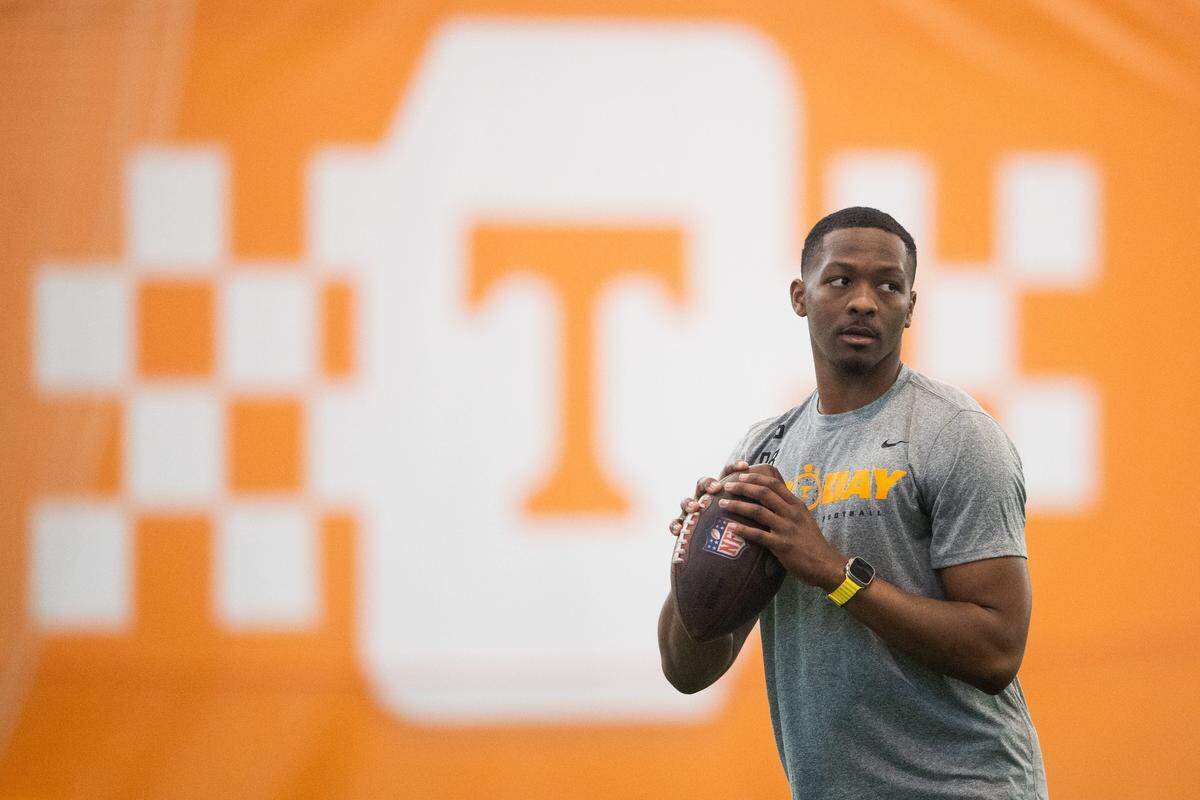 Tennessee quarterback Hendon Hooker during the school's pro day at the Anderson Training Facility in Knoxville, Tenn. on March 30, 2023. 