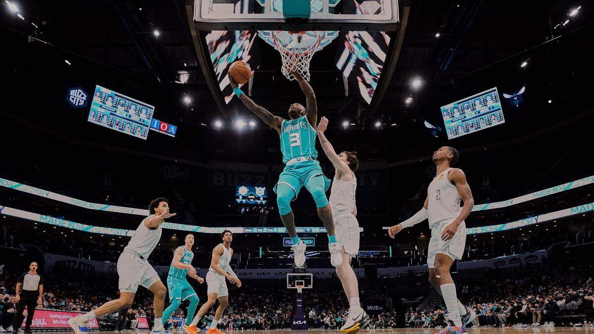 Charlotte Hornets guard Terry Rozier (3) drives to the basket against the Oklahoma City Thunder during an NBA basketball game Friday, Jan. 21, 2022, in Charlotte, N.C. Rozier had 24 points and nine assists in Charlotte’s 121-98 win.