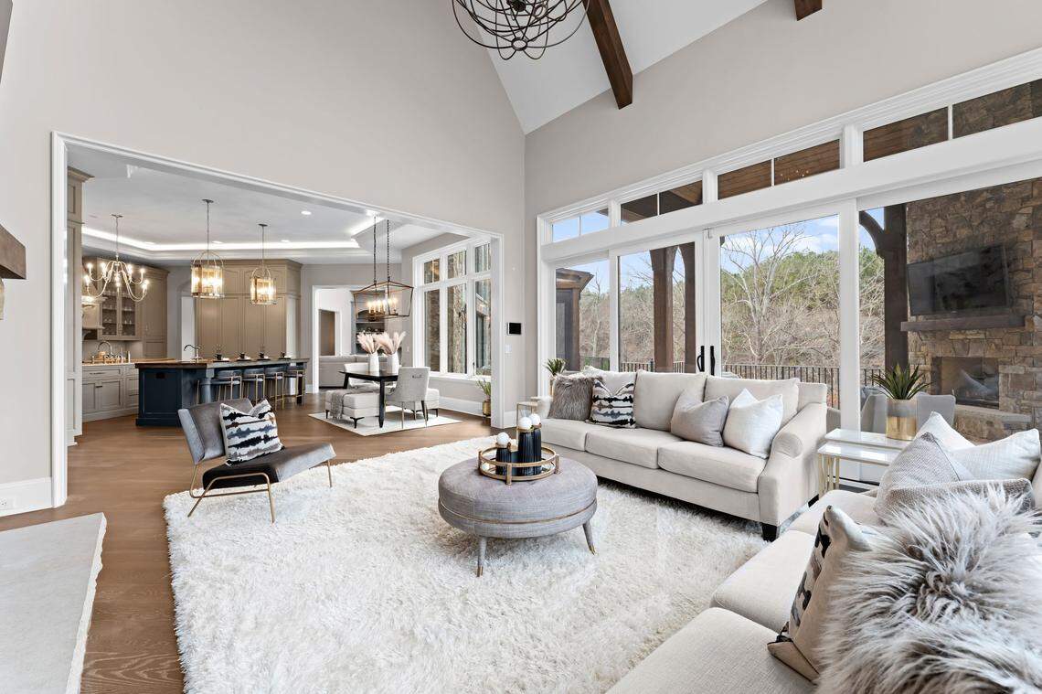 A living area of the Christian McCaffrey-Olivia Culpo Lake Norman mansion is shown.