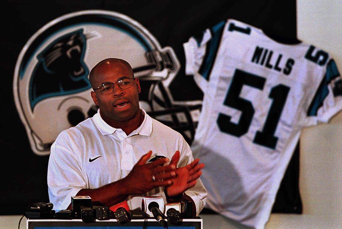 (7/24/98) Carolina Panthers linebacker coach Sam Mills responds to his being inducted into the ‘Hall of Honor’ during a press conference in Richardson Physical Activities Building on the Wofford College campus Friday afternoon.