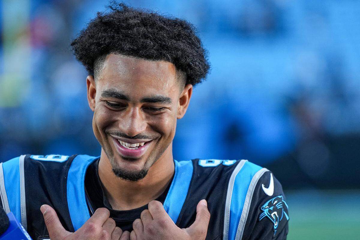 CHARLOTTE, NORTH CAROLINA - NOVEMBER 03: Bryce Young #9 of the Carolina Panthers reacts after a win over the New Orleans Saints at Bank of America Stadium on November 03, 2024 in Charlotte, North Carolina. (Photo by Matt Kelley/Getty Images)