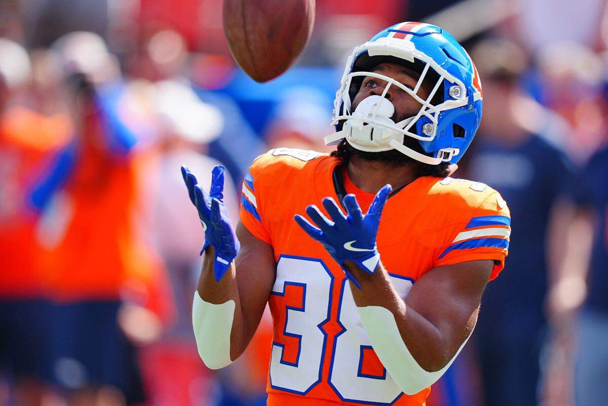 Oct 6, 2024; Denver, Colorado, USA; Denver Broncos running back Jaleel McLaughlin (38) warms up before the game against the Las Vegas Raiders at Empower Field at Mile High. Mandatory Credit: Ron Chenoy-Imagn Images
