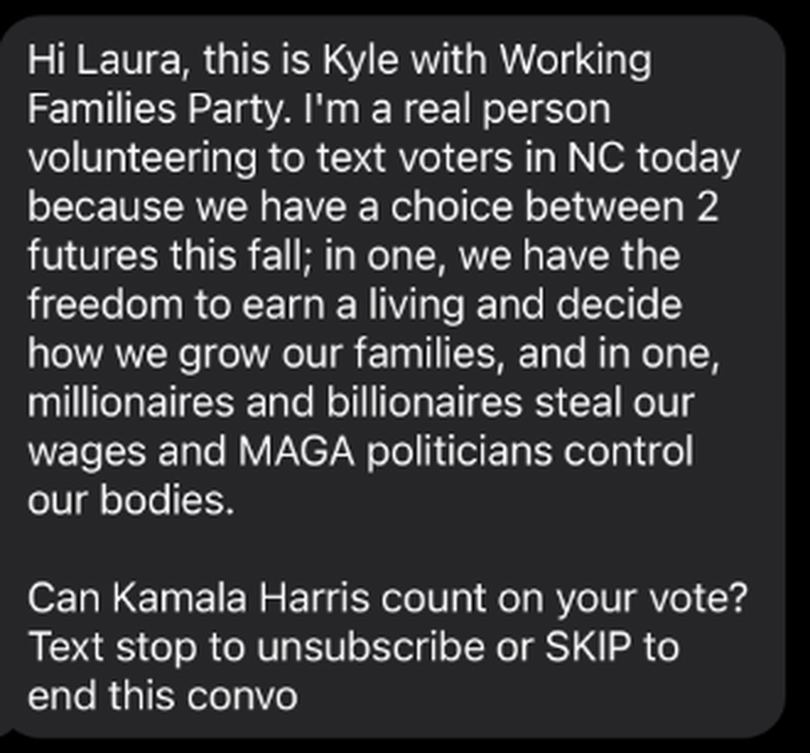 A screenshot of a text message sent from a political group in support of vice president Kamala Harris.