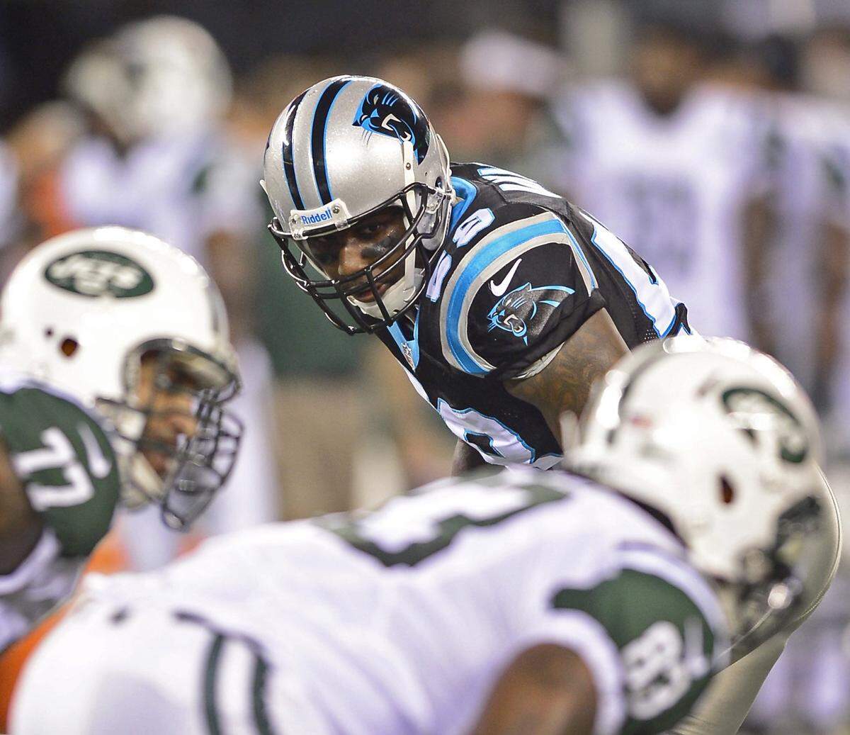 Carolina Panthers (58) linebacker Thomas Davis looks over the New York Jets offense prior to a play on August 26, 2012 at MetLife Stadium in East Rutherford, NJ. The Panthers defeated the Jets 17-12. Jeff Siner - jsiner@charlotteobserver.com
