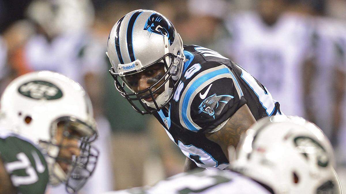 Carolina Panthers (58) linebacker Thomas Davis looks over the New York Jets offense prior to a play on August 26, 2012 at MetLife Stadium in East Rutherford, NJ. The Panthers defeated the Jets 17-12. Jeff Siner - jsiner@charlotteobserver.com
