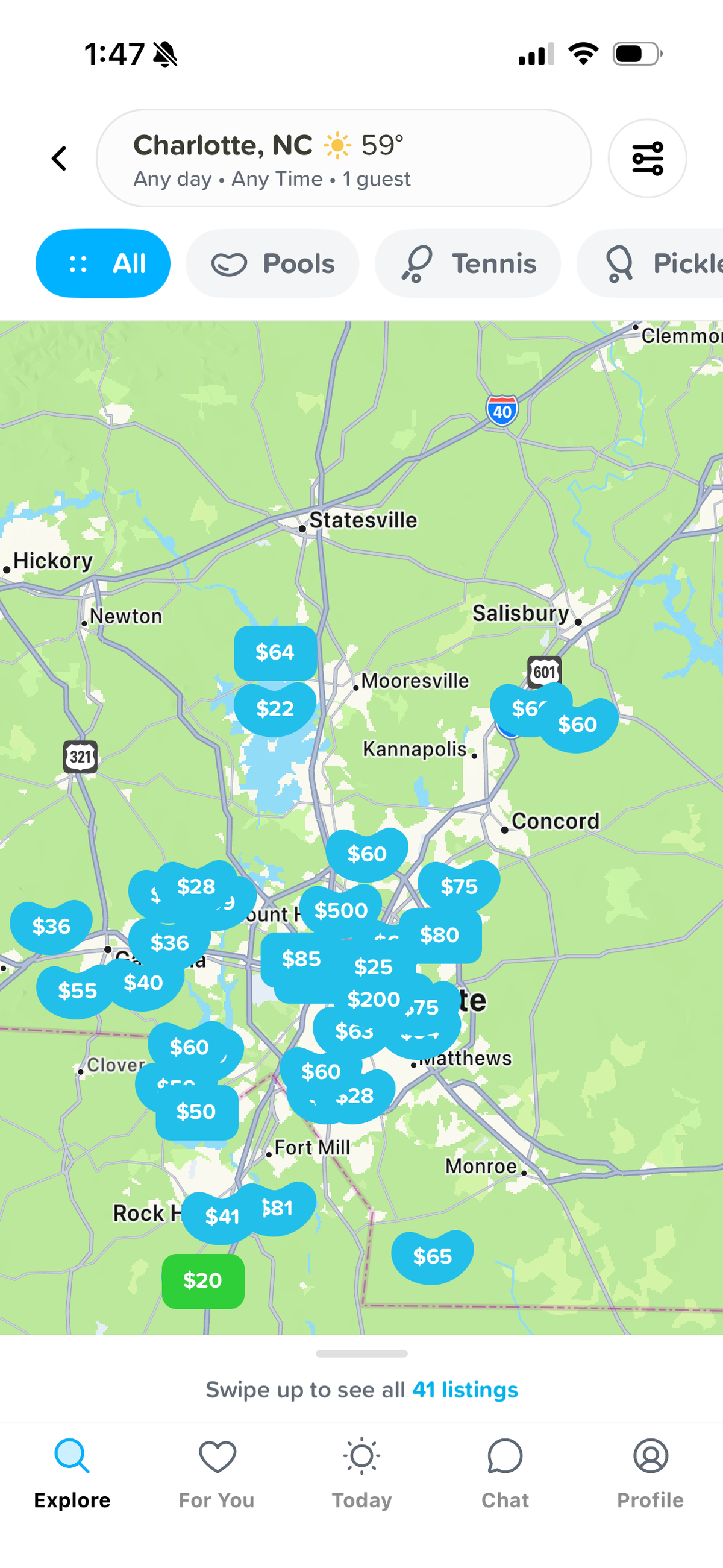 The Swimply app shows residential pools for rent across the Charlotte region.