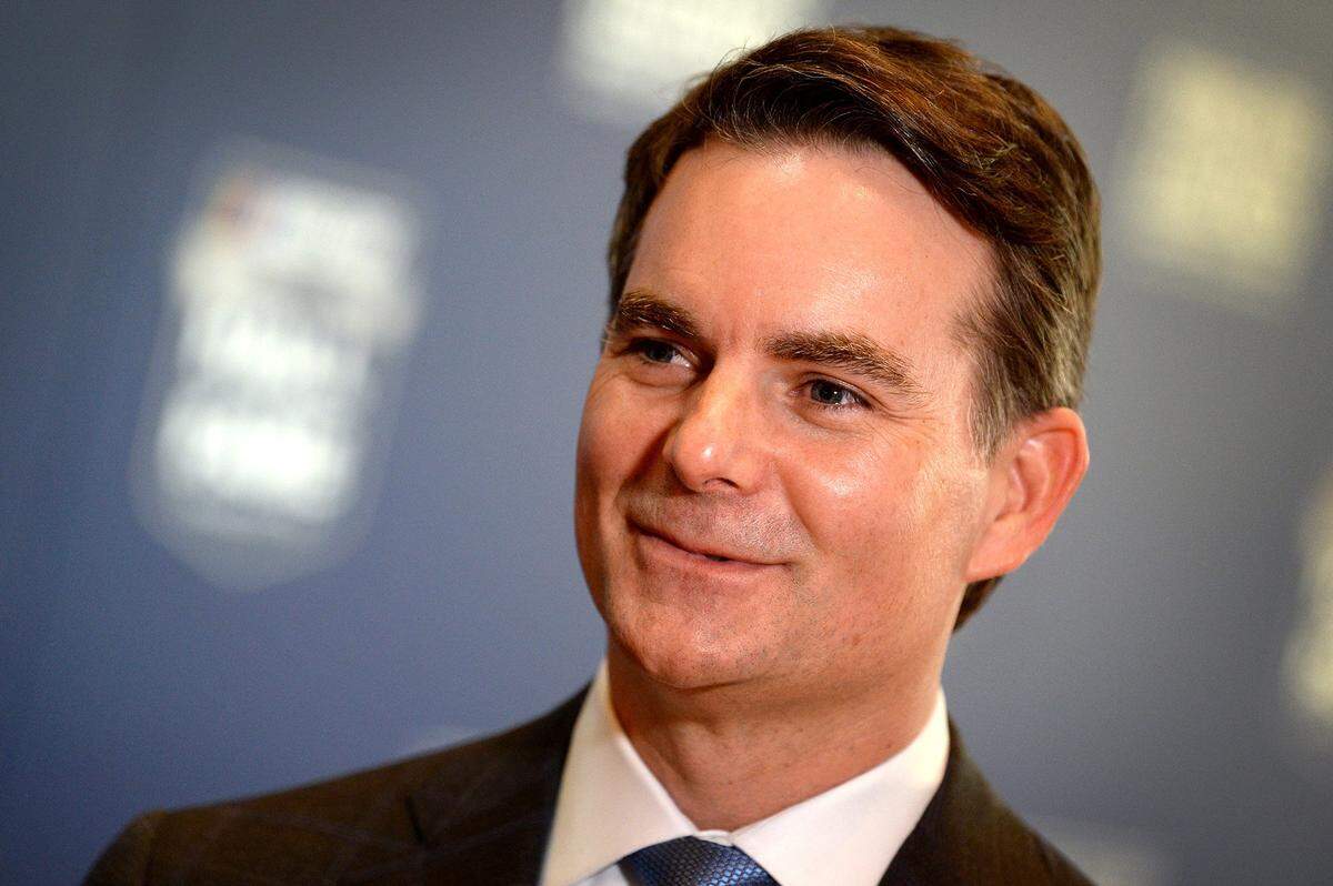 Former NASCAR driver Jeff Gordon smiles as he waits to be interviewed while walking the red carpet at the NASCAR Hall of Fame in Charlotte, N.C., on Friday, Feb. 1, 2019, as he is being inducted into the Hall of Fame. (Jeff Siner/Charlotte Observer/TNS)