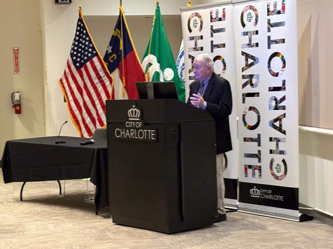 Charlotte City Council applicant James Rice speaks during a candidate forum at the Charlotte-Mecklenburg Government Center on Thursday, May 15, 2025.