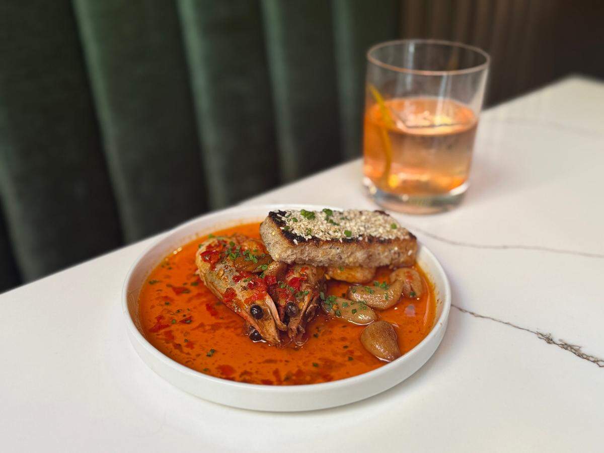 Shrimp toast at Mazi is an arresting Greek take on the dim sum staple.
