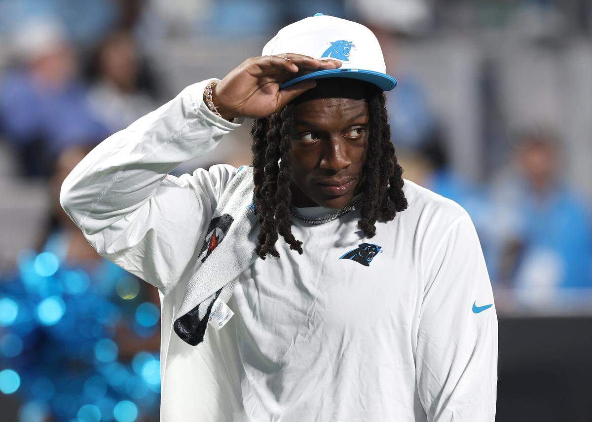 Injured Carolina Panthers cornerback Jaycee Horn walks off the field following the team’s game against the Cleveland Browns on Friday, August 8, 2025, at Bank of America Stadium in Charlotte, NC. The Browns defeated the Panthers 30-10.