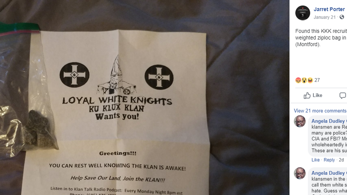 Screenshot of the Facebook post by Jarret Porter, featuring flier linked to KKK in Asheville.