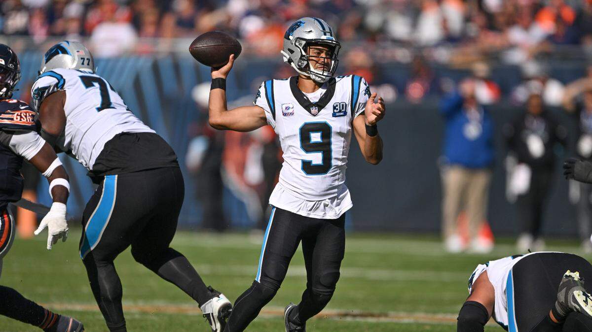 Carolina Panthers quarterback Bryce Young (9) passes the ball against the Chicago Bears during the fourth quarter at Soldier Field.