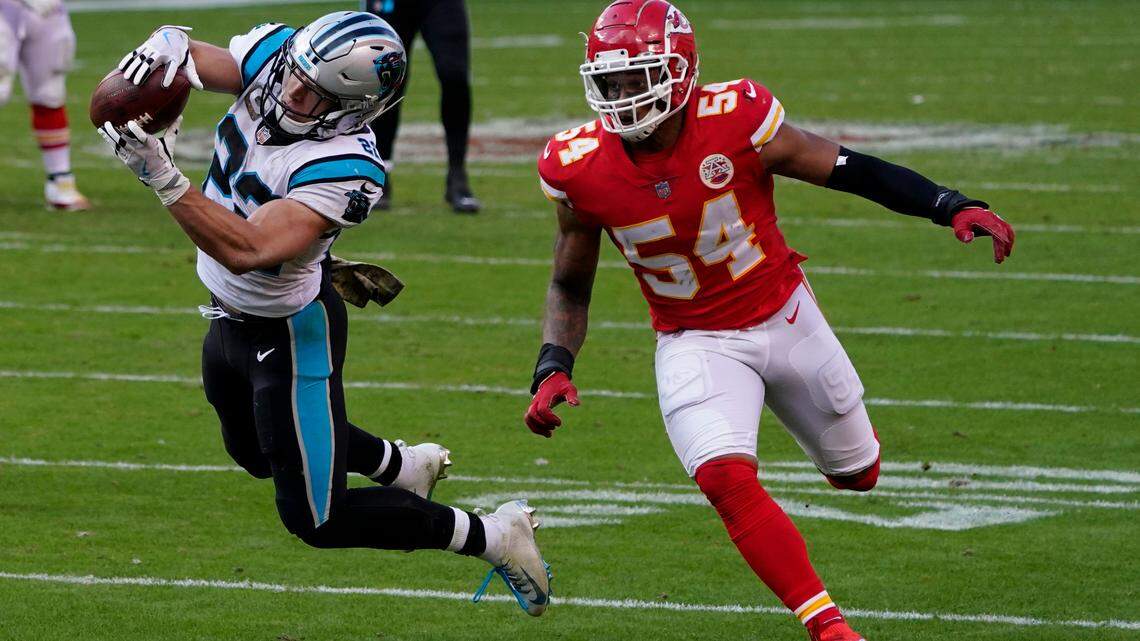 New Panthers outside linebacker Damien Wilson (54), formerly with the Kansas City Chiefs, has been arrested on assault charges.