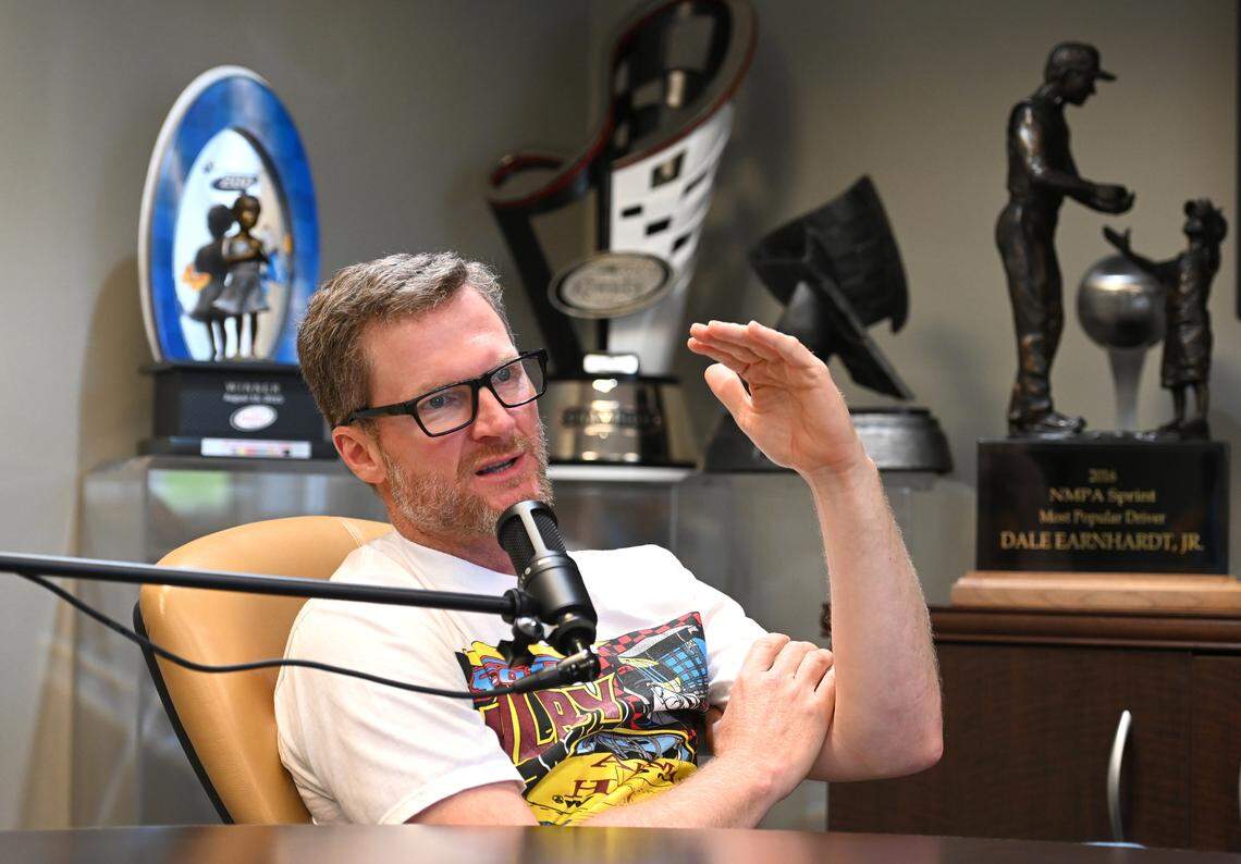 NASCAR driver and hall of fame member Dale Earnhardt Jr. reflects on his career and family during a podcast at JR Motorsports in Mooresville, NC on Tuesday, May 17, 2022.