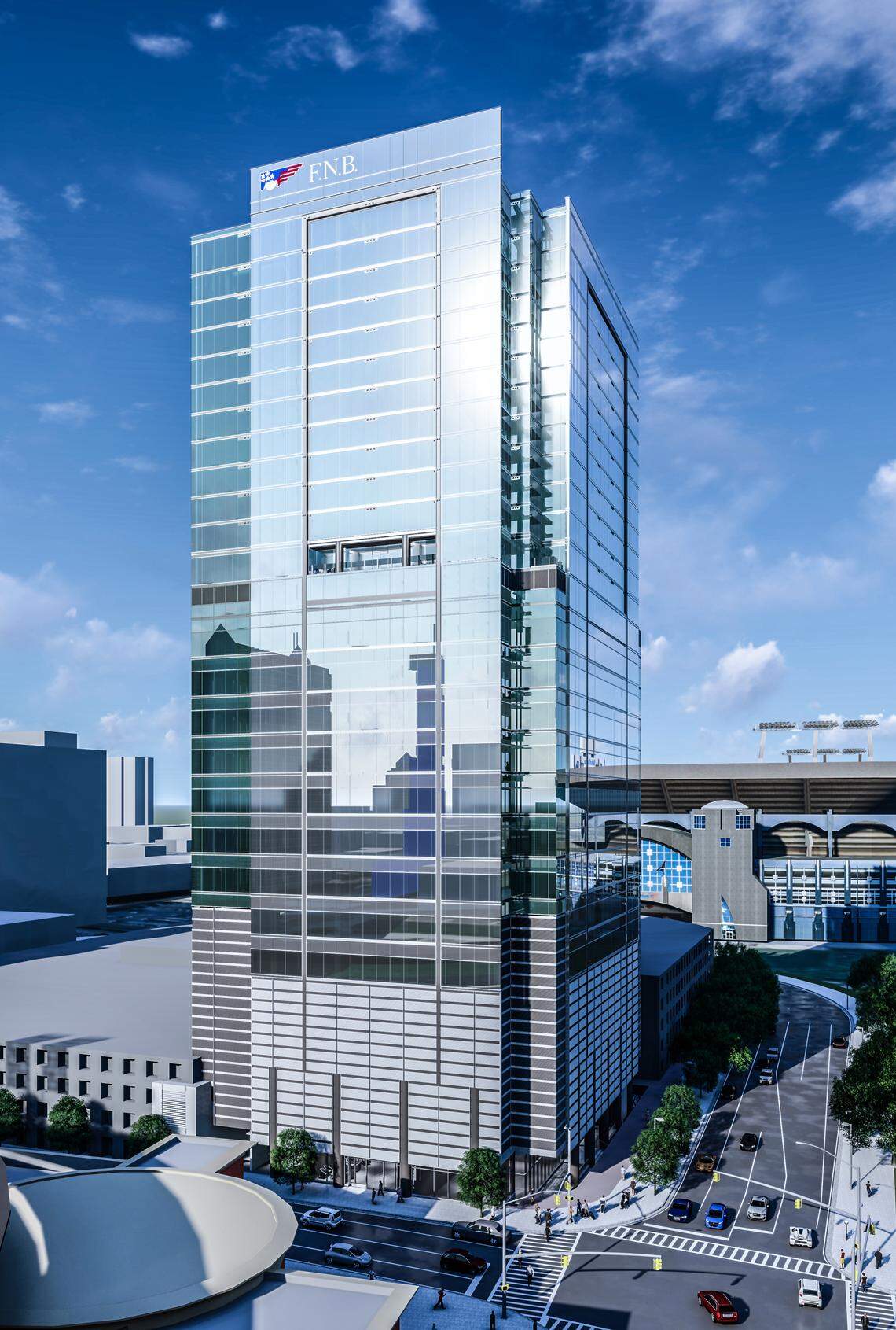 Construction began on the First National Bank tower in uptown Charlotte on Wednesday. This rendering shows what the building will look like when complete.