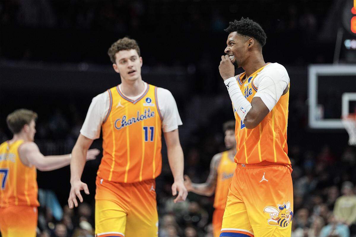 Charlotte Hornets forward Brandon Miller (24) looks on during the first half of Thursday’s game against the Atlanta Hawks in Charlotte, North Carolina.