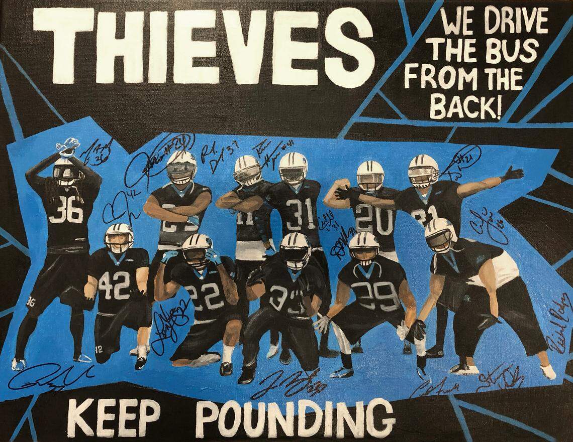 This painting was displayed by members of the Carolina Panthers secondary in the locker room during the 2015 season. Safety Kurt Coleman still has the painting.