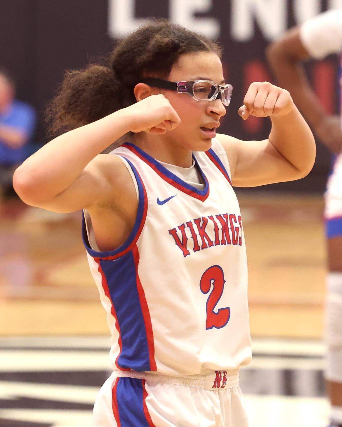 North Meck’s Stephanie Mobley flexes her arms after a teammate’s play against Lake Norman in the 7A Girls NCHSAA regional championship game at Lenoir-Rhyne University in Hickory, North Carolina, on Friday, March 6, 2026.