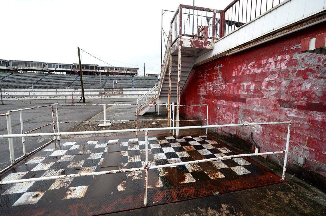 Victory Lane at North Wilkesboro Speedway features flag checkered flooring at the former NASCAR short track in North Wilkesboro, NC on Thursday, October 7, 2021. The track operated from 1949 until 1996.
