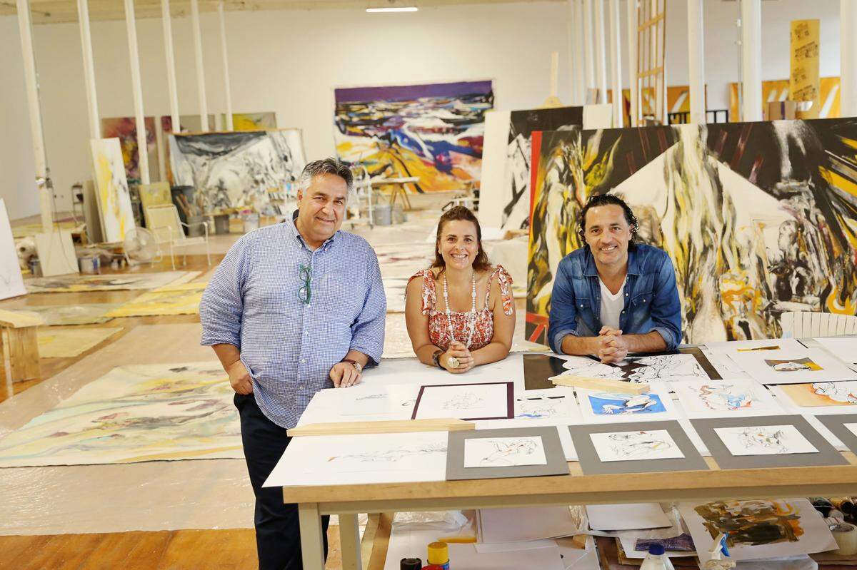 Merino Mills owner Michal Bay, left, met artist Leandro Manzo and his longtime girlfriend Cecilia Moriondo — now Manzo’s wife — through friends.