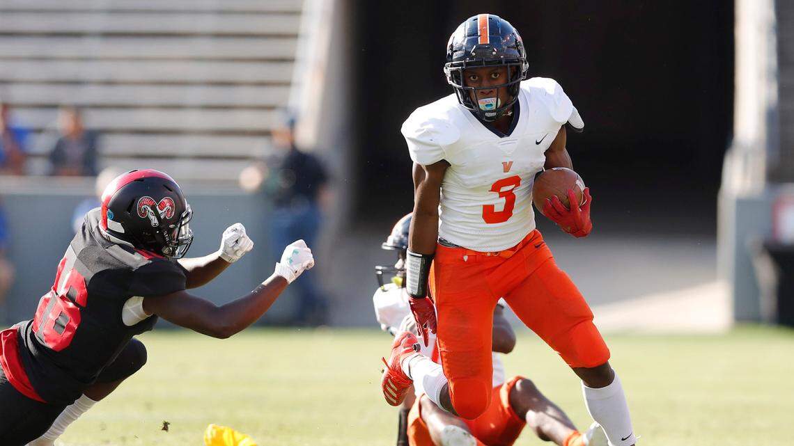 Vance’s Daylan Smothers’ (3) long run is called back for a holding penalty during the first half of Rolesville High School’s game against Vance High School in the NCHSAA 4AA state championship at Carter-Finley Stadium in Raleigh, N.C., Saturday, May 8, 2021.