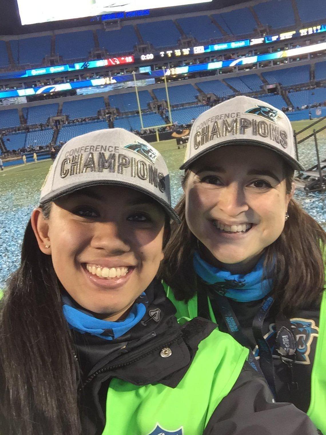 After the Panthers won the NFC Championship in January 2016, Melissa, right, poses for a selfie with Courtney Rivera, who was the team’s social media coordinator in 2015 (and is the daughter of then-head coach Ron Rivera).