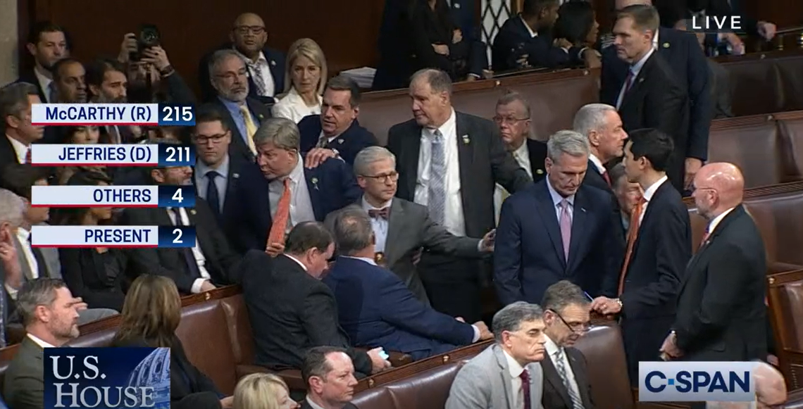 At left, Rep. Richard Hudson, a Republican congressman for North Carolina’s 9th Congressional District, pulls Alabama Rep. Mike Rogers away from a confrontation with Florida Rep. Matt Gaetz. The Florida congressman was one of two who voted “present,” stopping California Republican Kevin McCarthy from becoming House speaker on the 14th vote.