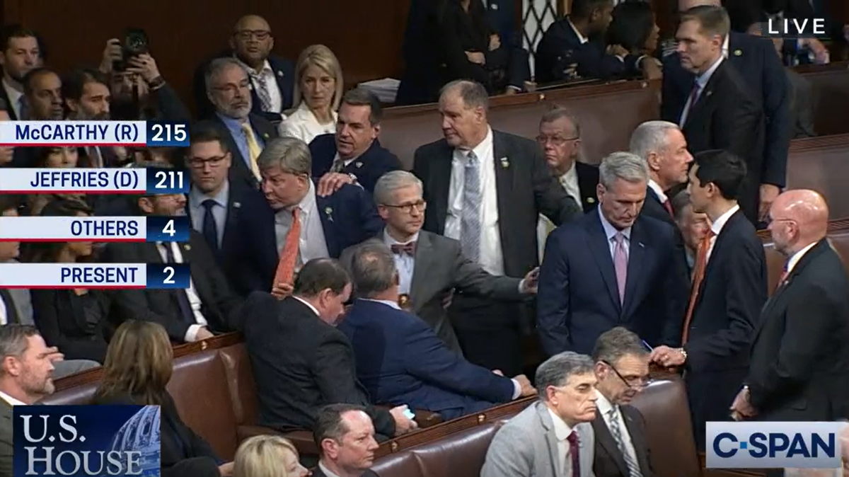 At left, Rep. Richard Hudson, a Republican congressman for North Carolina’s 9th Congressional District, pulls Alabama Rep. Mike Rodgers away from a confrontation with Florida Rep. Matt Gaetz. The Florida congressman was one of two who voted “present,” stopping California Republican Kevin McCarthy from becoming House speaker on the 14th vote.