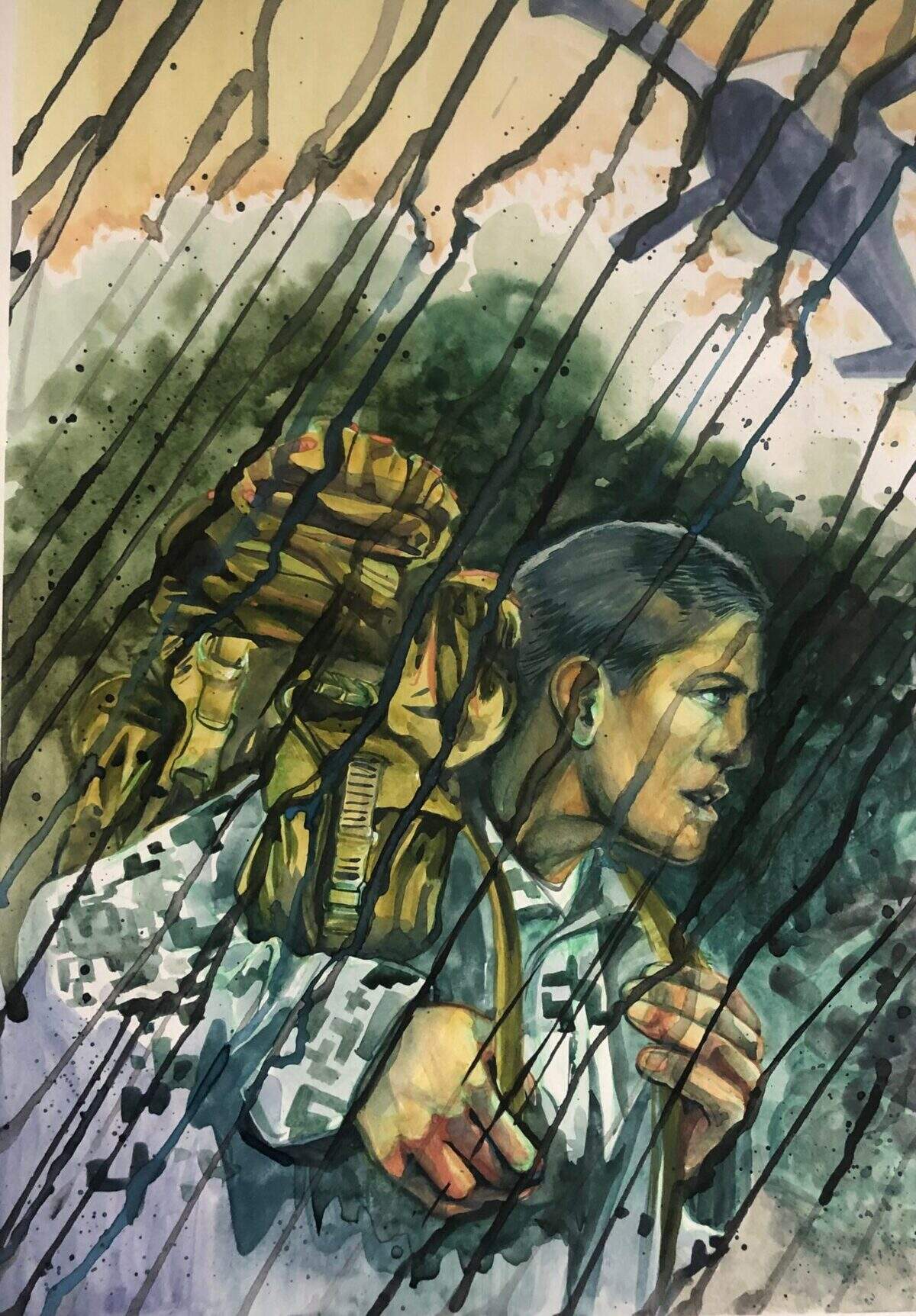 Captain Shayne Lynne Haver was one of the first females to complete the U.S. Army Ranger training school. She did it in 2015. This watercolor by Ida Mae Irby depicts Haver during a training session at Fort Benning in Georgia. Irby said the abstract use of watercolor tells a story of bravery and strength.