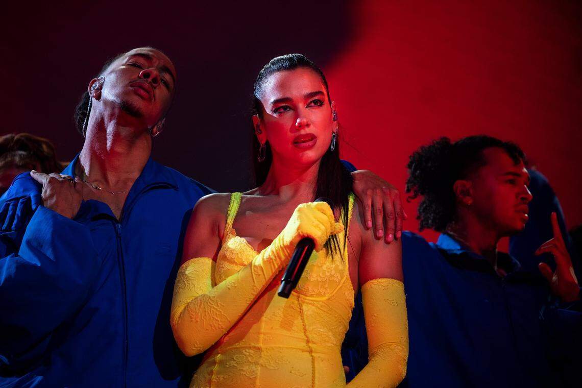 Dua Lipa performs during her Future Nostalgia Tour at the Spectrum Center in Charlotte, N.C., on February, 16, 2022.