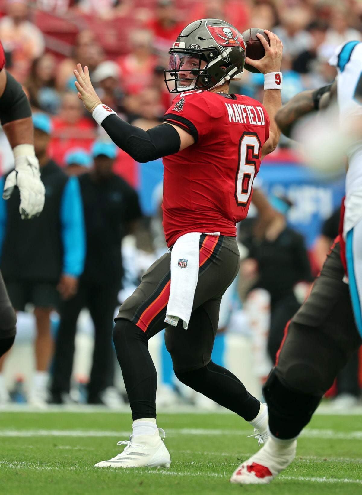 Tampa Bay Buccaneers quarterback Baker Mayfield (6) throws the ball against the Carolina Panthers during the first quarter at Raymond James Stadium in Tampa, Fl. on Sunday Dec 29, 2024