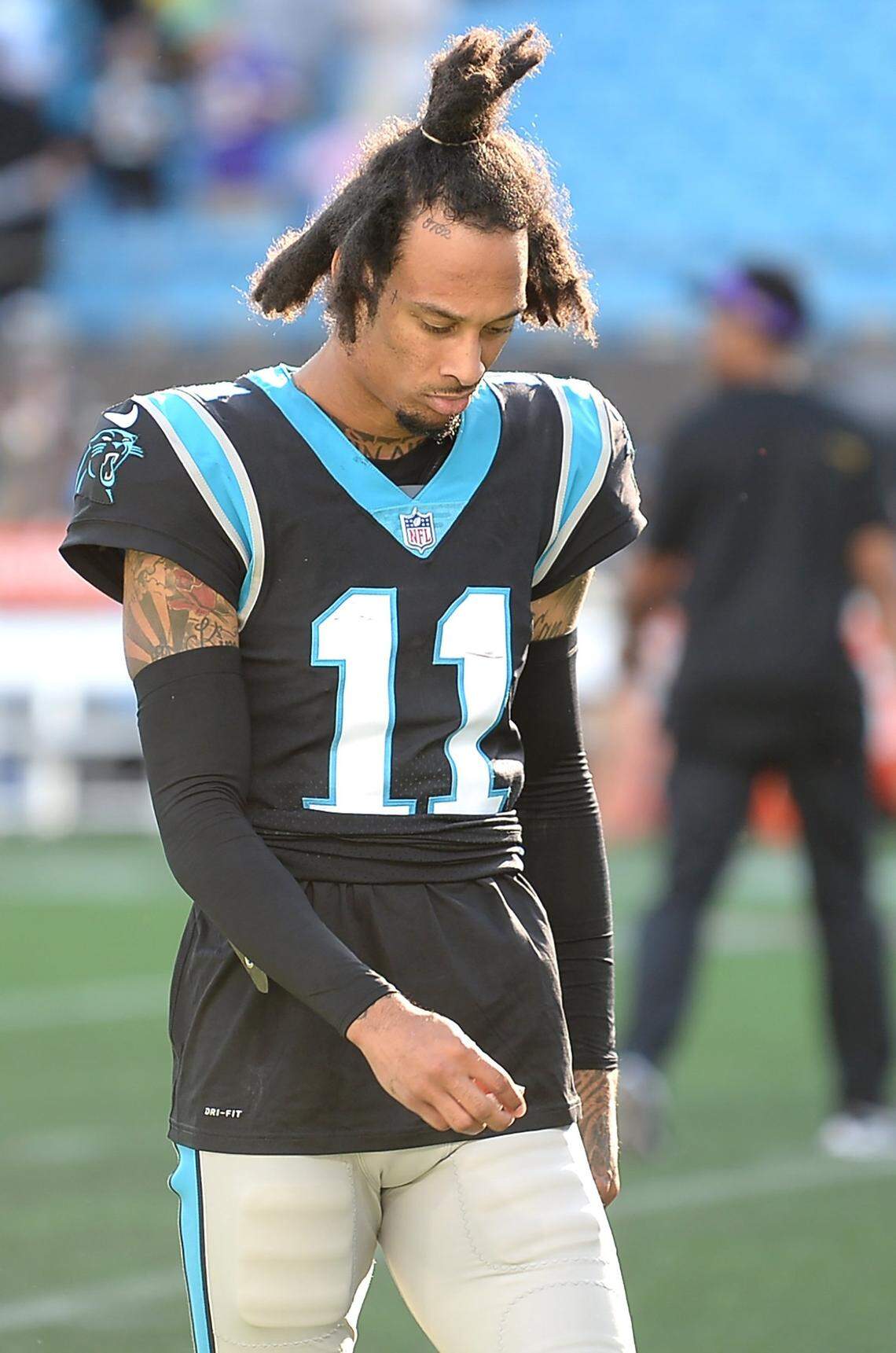 Carolina Panthers wide receiver Robby Anderson walks off the field following Minnesota Vikings wide receiver K.J. Osborn game winning touchdown pass reception during overtime at Bank of America Stadium in Charlotte, NC on Sunday, October 17, 2021. The Vikings defeated the Panthers 34-28.