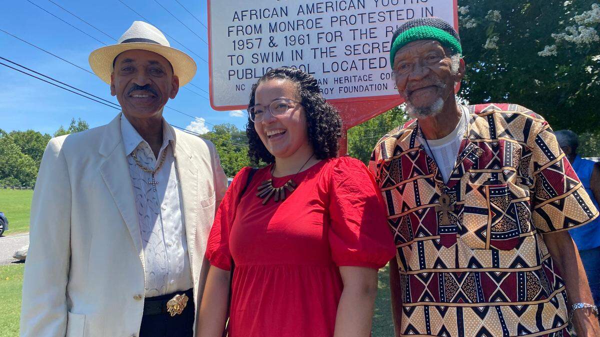 Jonathan Blount, Monroe native and Essence Magazine co-founder, left; Adrienne Nirde, associate director at the NC African American Heritage Commission, middle; and Yousef Crowder, protester from 1957, right. The three attended the Monroe Country Club historic marker ceremony on Thursday, July 28.