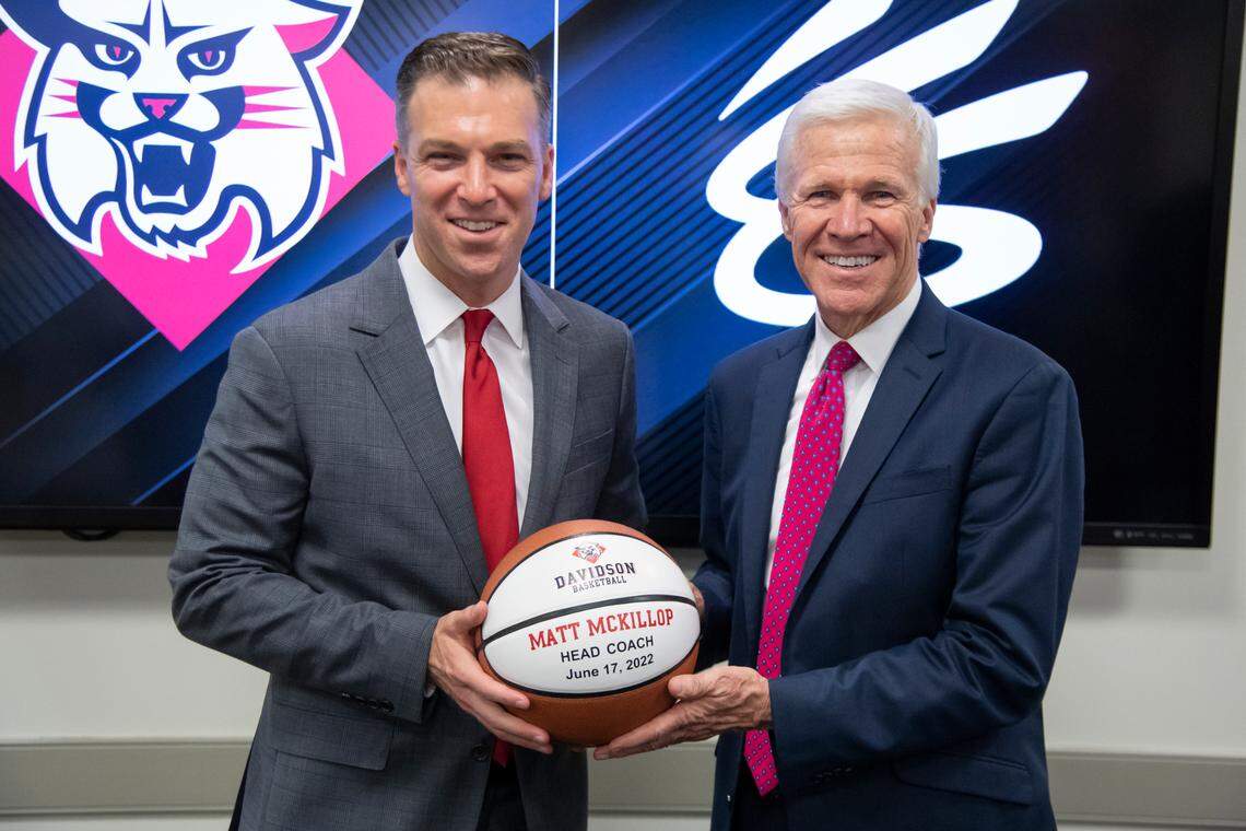 Davidson College announced Friday, June 17, 2022, that Matt McKillop (left) would replace his father, Bob McKillop, as the school’s head basketball coach. Bob McKillop, 71, is retiring after 33 years.