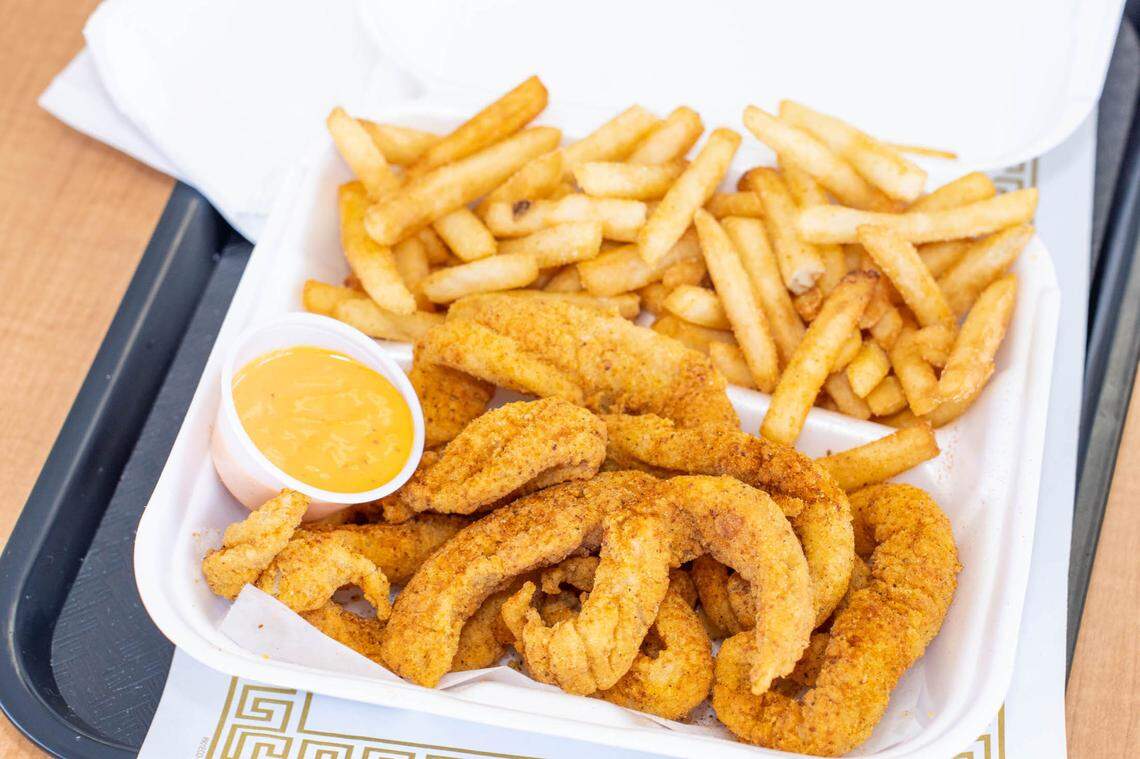 Louisiana Fish Fingers with fries a side of boom boom sauce at Nick’s Gyros & Seafood.
